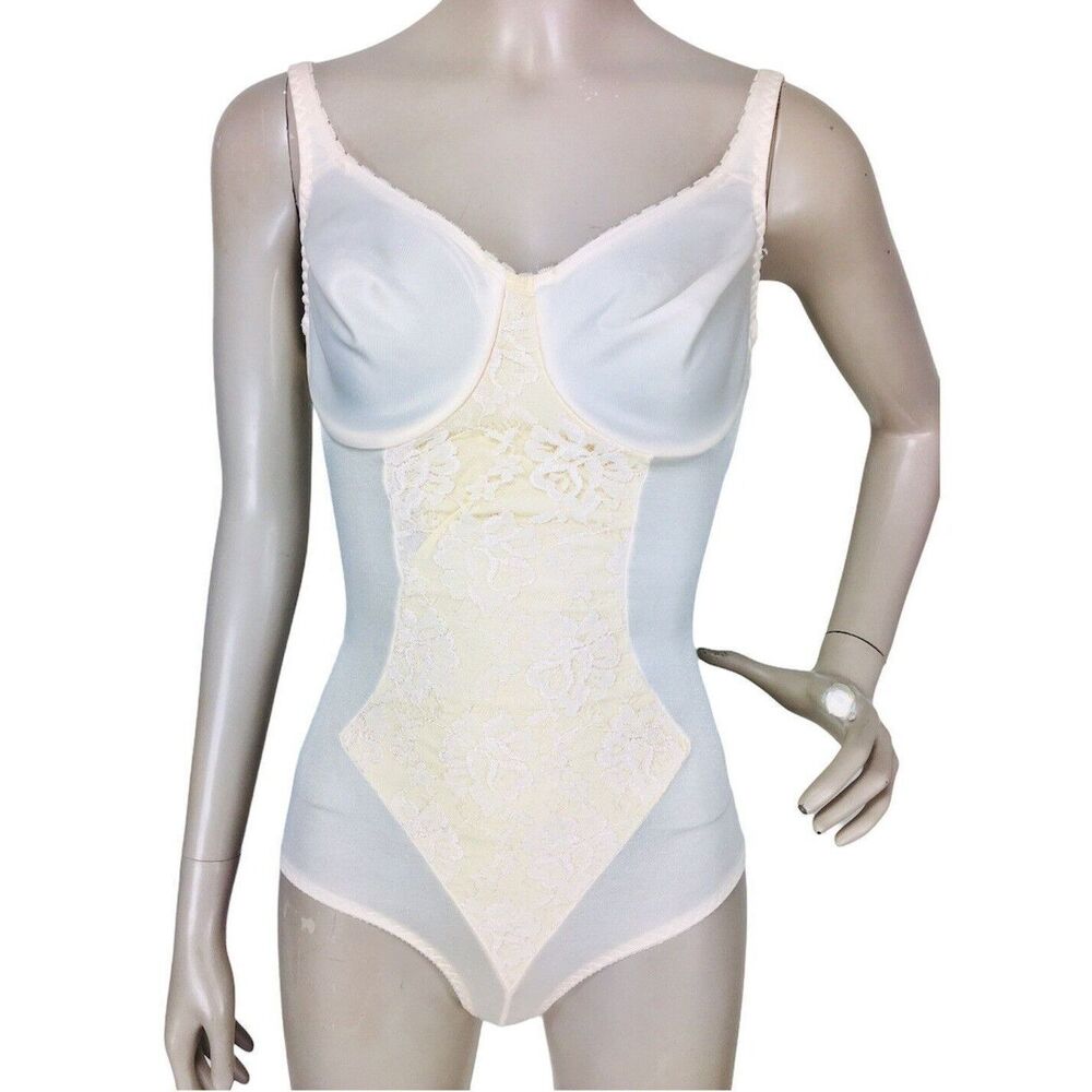 Vintage 70s OLGA Boudoir Peignoir Underwire Bodysuit Shapewear Lace Girdle 34C